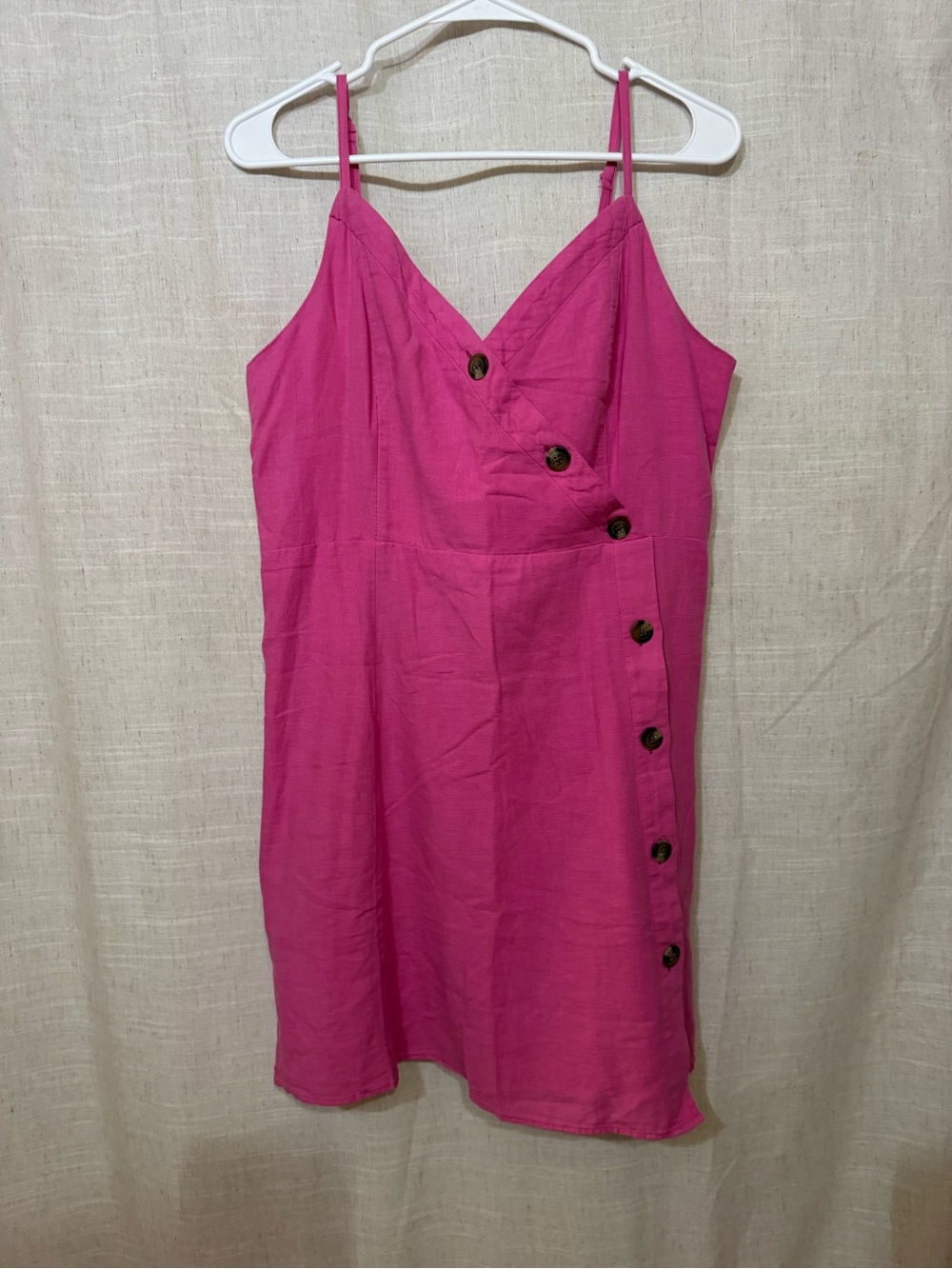Hot Pink Button-Accent Spaghetti Strap Dress